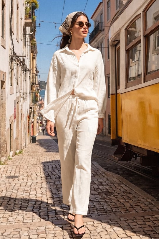 Beli Lastikli Müslin Pantolon BEYAZ 7580