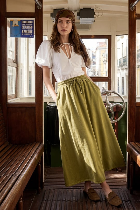 Beli Lastikli Soft Denim Etek YAĞ YEŞİLİ 7068