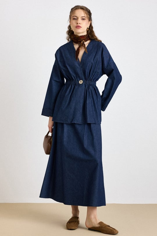 Beli Lastikli Taşlı Çıt Çıtlı Ceket Etek Denim Takım LACİVERT 9445-TK