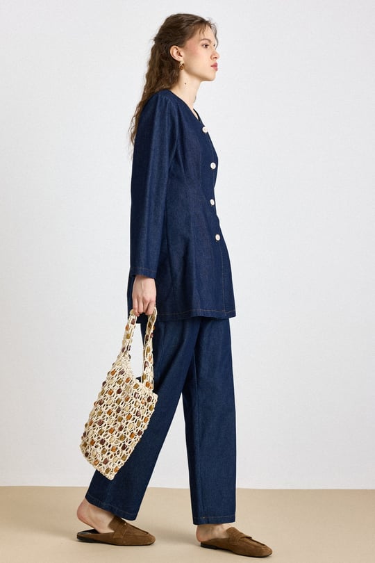 Beli Pens Detaylı Ceket Pantolon Denim Takım LACİVERT 9446-TK
