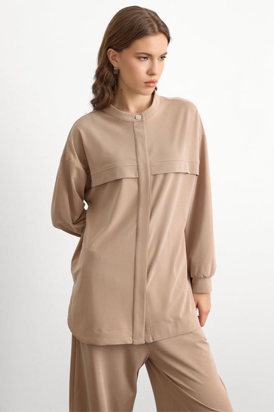 Bisiklet Yaka Önü Patlı Premium Sweat İkili Takım BEJ 9384-TK