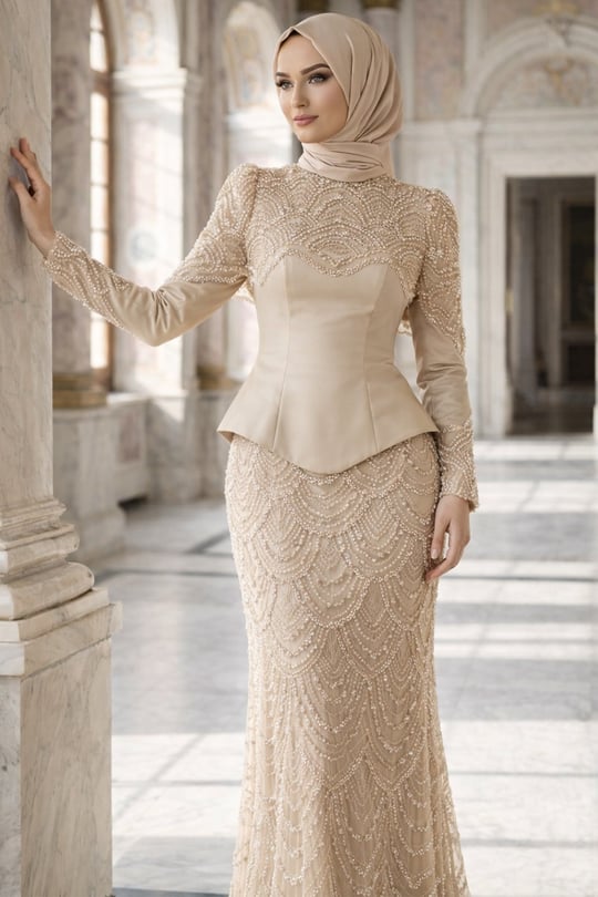 Çıkabilir Pelerin Detaylı Saten ve Tül Kombinli Exclusive Tesettür Abiye Elbise KREM 1064