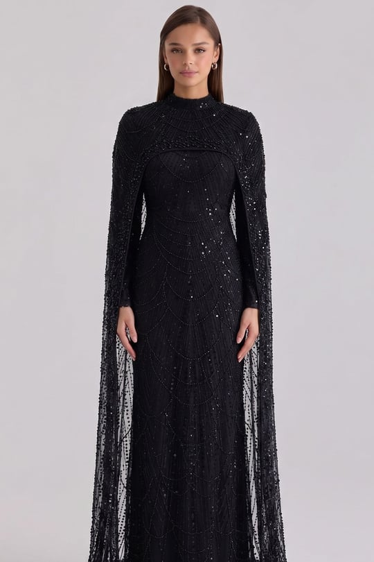 İnci ve Pul Bezeli Exclusive Tesettür Abiye Elbise SİYAH 1039