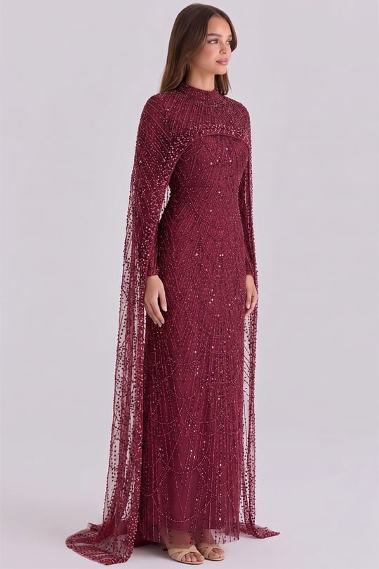 İnci ve Pul Bezeli Exclusive Tesettür Abiye Elbise BORDO 1039