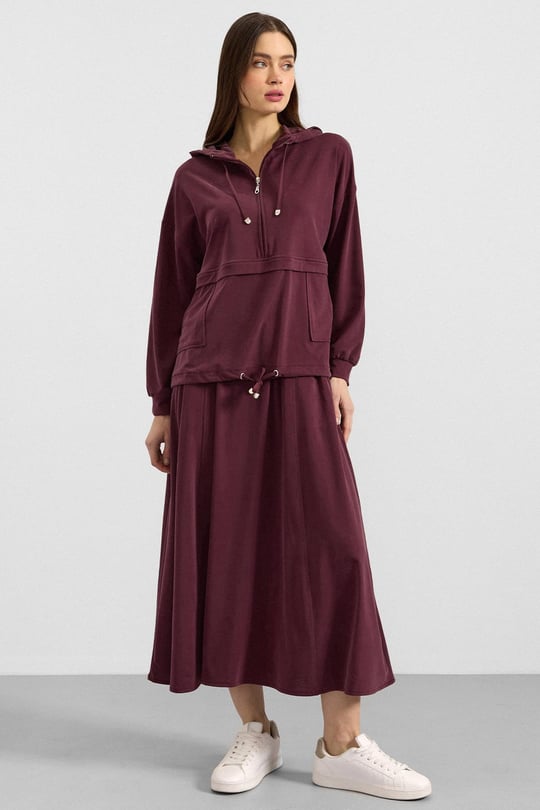 Kapüşonlu Bağcık Detaylı Premium Kumaş Sweat Etek Takım BORDO 9403-TK