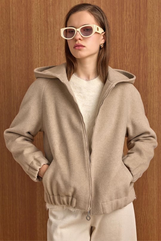 Kapüşonlu Beli Lastikli Oversize Kısa Kaban TAŞ 3162
