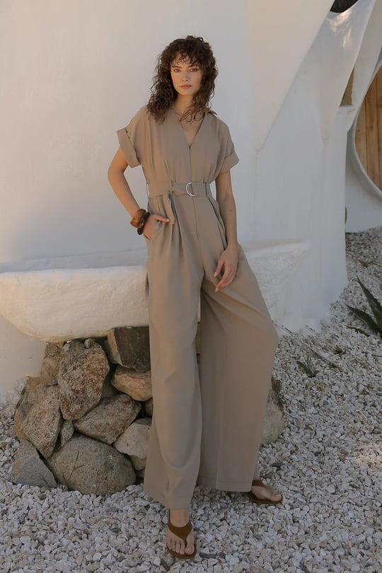 Kısa Kollu Kemer Detaylı Modal Tulum BEJ 9342