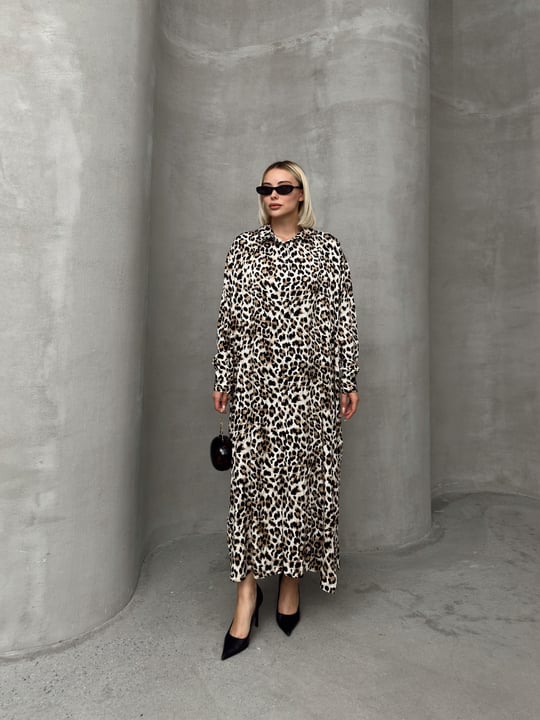 Leopar Desenli Yandan Yırtmaçlı Oversize Elbise KAHVE 9262-E
