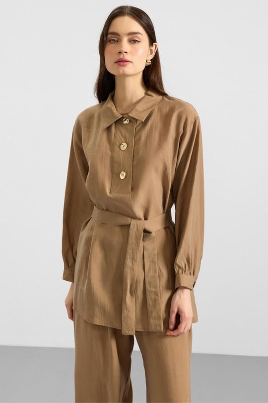 Metal Düğmeli Soft Kumaş Tunik Pantolon İkili Takım KAMEL 9397-TK