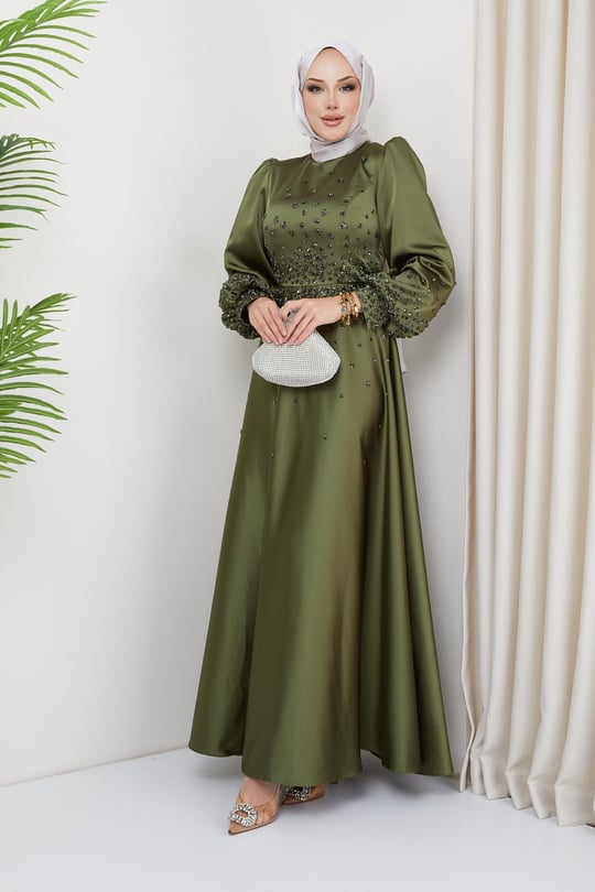 Önü ve Kolları Serpme Taş Detaylı Saten Abiye Elbise AÇIK YEŞİL 1658
