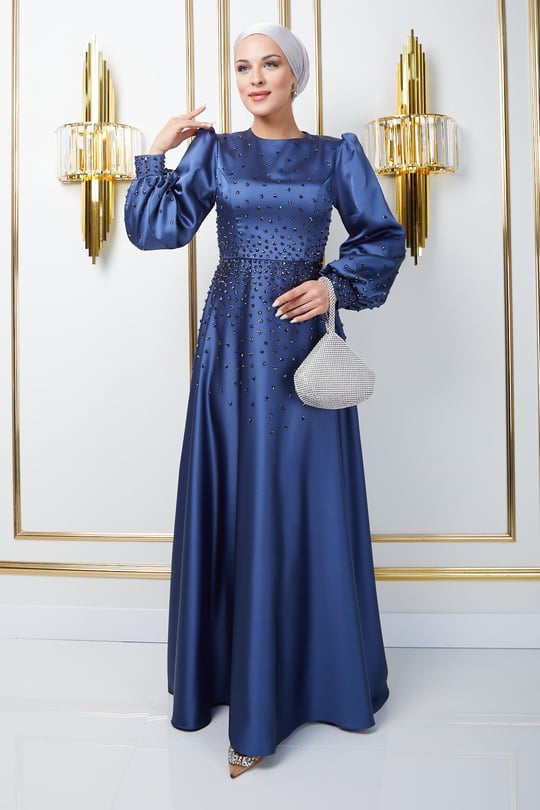Önü ve Kolları Serpme Taş Detaylı Saten Abiye Elbise K. İNDİGO 1658