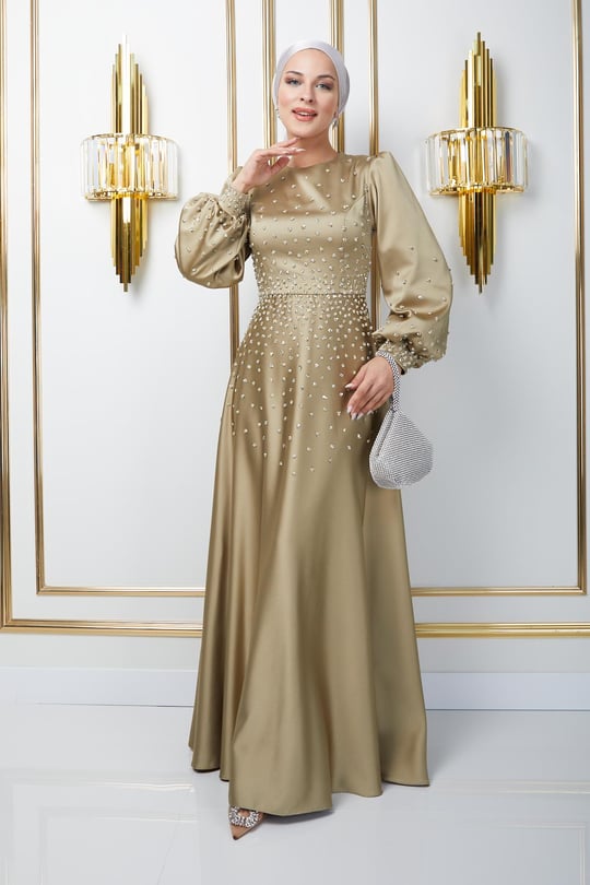 Önü ve Kolları Serpme Taş Detaylı Saten Abiye Elbise YAĞ YEŞİLİ 1658