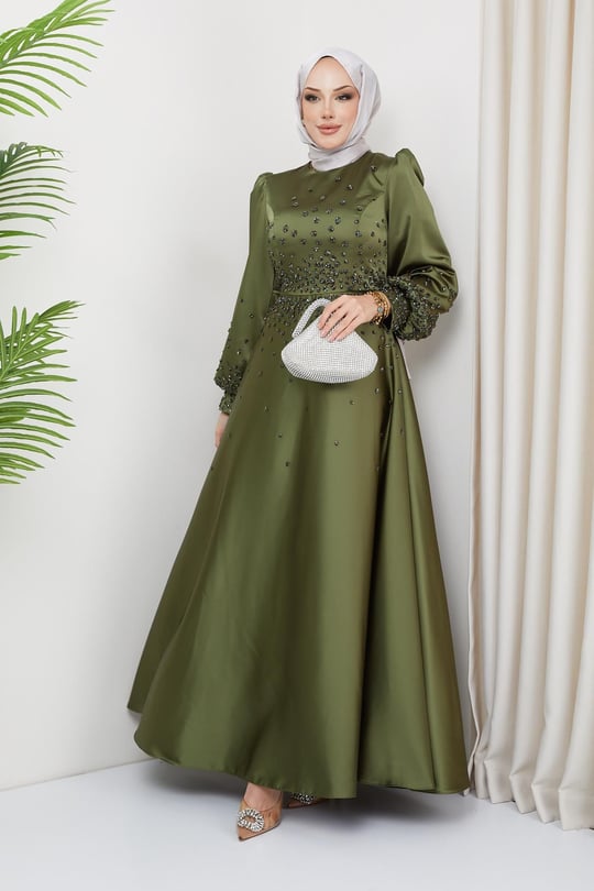 Önü ve Kolları Serpme Taş Detaylı Saten Abiye Elbise AÇIK YEŞİL 1658