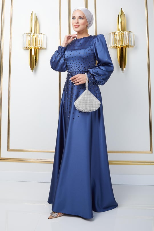 Önü ve Kolları Serpme Taş Detaylı Saten Abiye Elbise K. İNDİGO 1658
