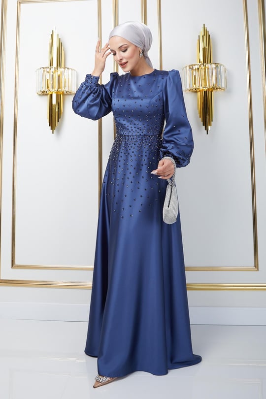 Önü ve Kolları Serpme Taş Detaylı Saten Abiye Elbise K. İNDİGO 1658