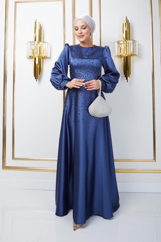 Önü ve Kolları Serpme Taş Detaylı Saten Abiye Elbise K. İNDİGO 1658