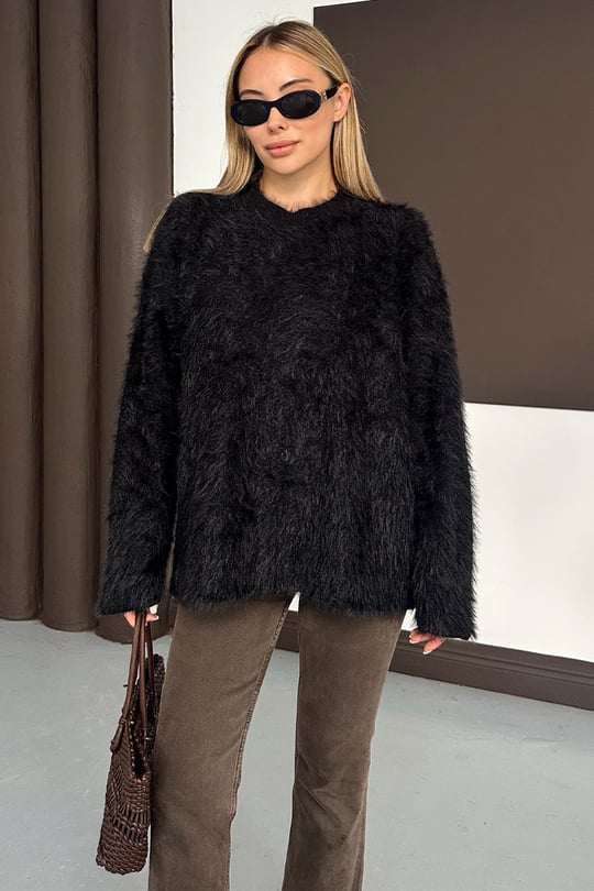 Oversize Tüylü Soft Kazak SİYAH 8270