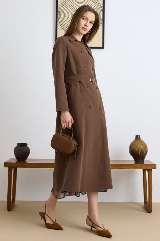 Pelerin Detaylı Su İtici Özellikli Astarsız Uzun Trençkot KAHVE 6829