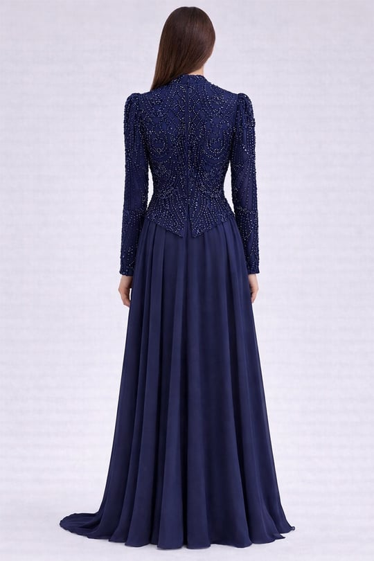 Pul ve Boncuk Desenli Şifon Kombinli Exclusive Tesettür Abiye Elbise LACİVERT 1066