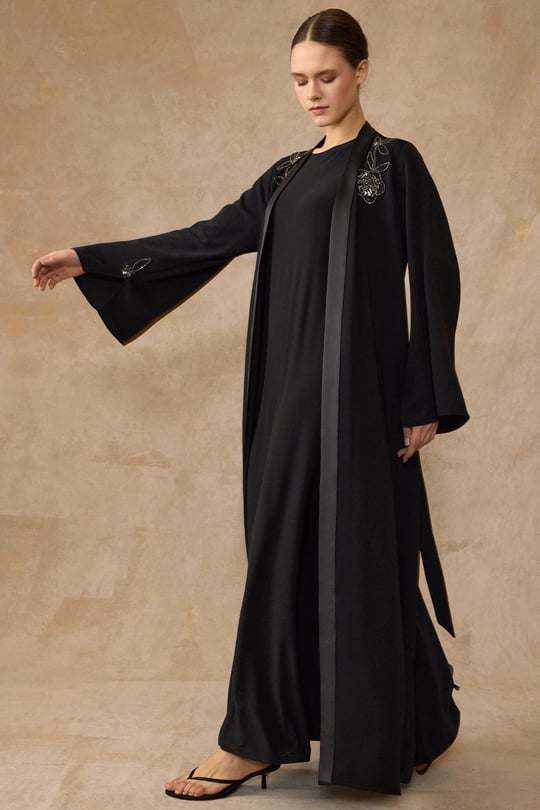 Taş ve Saten Detaylı Elbiseli Abaya Takım SİYAH 9444-TK