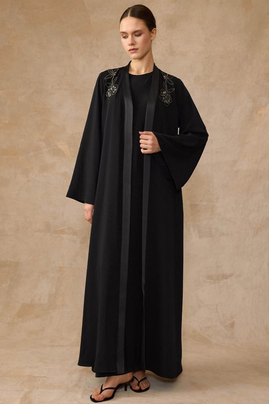 Taş ve Saten Detaylı Elbiseli Abaya Takım SİYAH 9444-TK