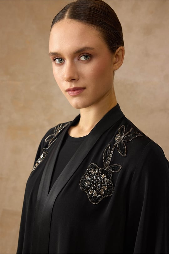 Taş ve Saten Detaylı Elbiseli Abaya Takım SİYAH 9444-TK