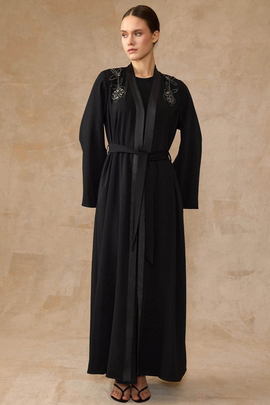 Taş ve Saten Detaylı Elbiseli Abaya Takım SİYAH 9444-TK