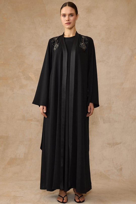 Taş ve Saten Detaylı Elbiseli Abaya Takım SİYAH 9444-TK