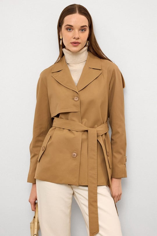 Short Trench Coat with Cape Detail and Pleated Back and Water