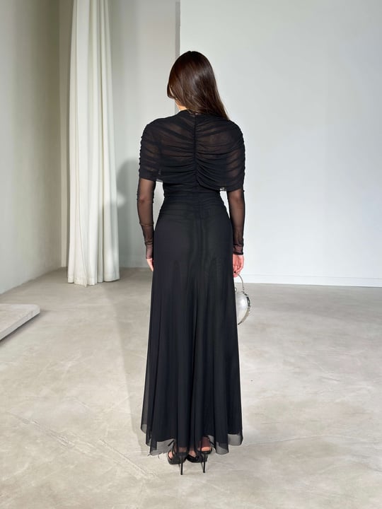 Kendinden Pelerinli Maxi Boy Siyah Ambre Kadın Elbise 26Y645