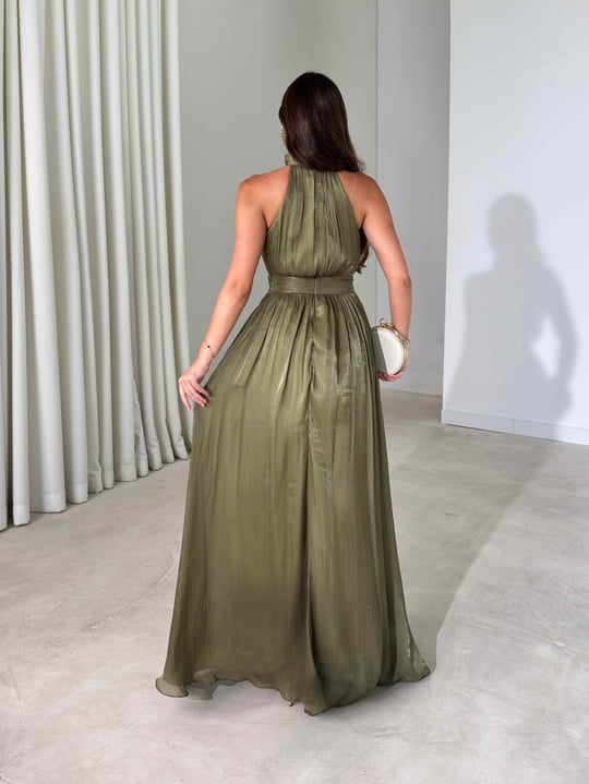 Halter Yaka Belden Oturtmalı Maxi Boy Haki Angel Kadın Elbise 26Y480