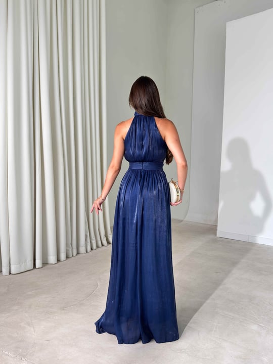Halter Yaka Belden Oturtmalı Maxi Boy Lacivert Angel Kadın Elbise 26Y480