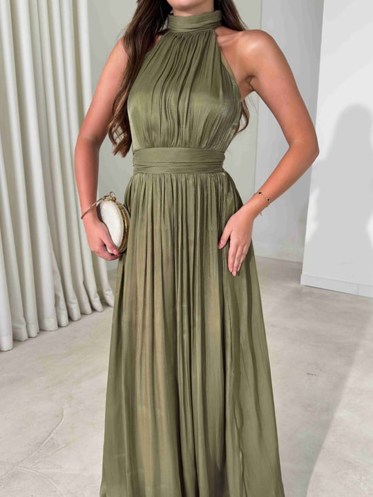 Halter Yaka Belden Oturtmalı Maxi Boy Haki Angel Kadın Elbise 26Y480