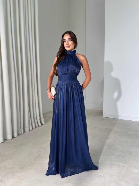 Halter Yaka Belden Oturtmalı Maxi Boy Lacivert Angel Kadın Elbise 26Y480