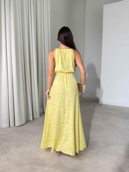 Önde Ve Boyundan Bağlamalı Yırtmaçlı Maxi Boy Sarı Arven Kadın Elbise 26Y512