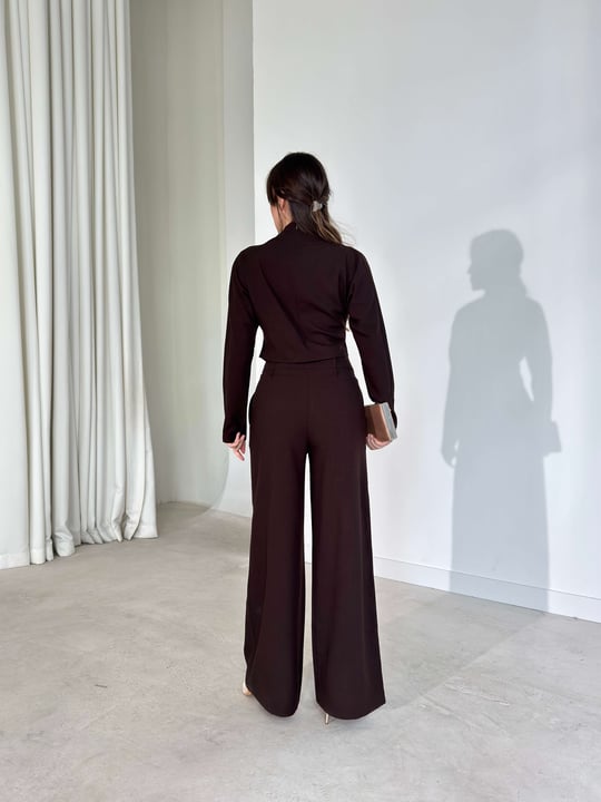Kruvaze Kesim Drape Detaylı Yüksek Bel Pantolon Astrid Kahve Kadın İkili Takım 26Y143