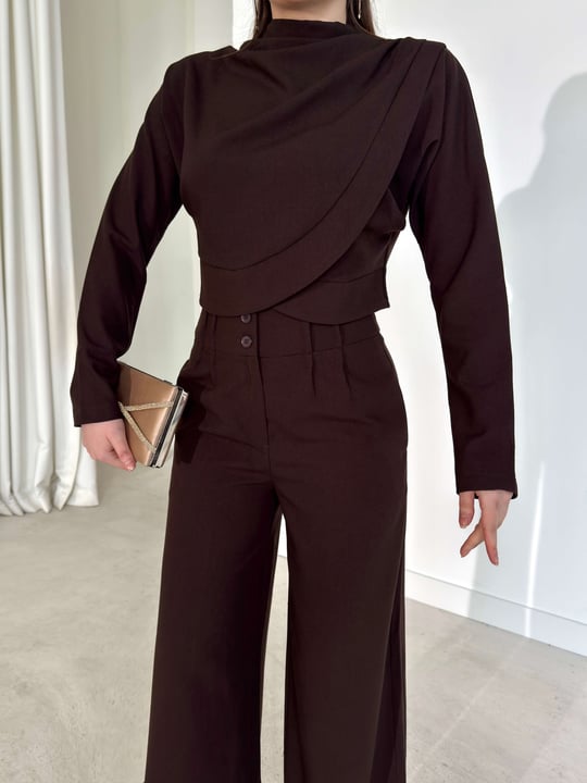 Kruvaze Kesim Drape Detaylı Yüksek Bel Pantolon Astrid Kahve Kadın İkili Takım 26Y143