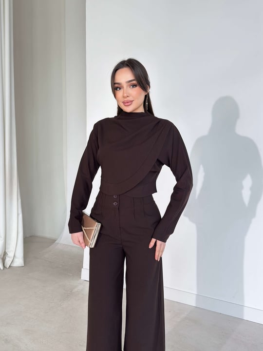 Kruvaze Kesim Drape Detaylı Yüksek Bel Pantolon Astrid Kahve Kadın İkili Takım 26Y143