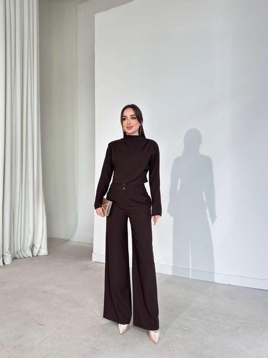 Kruvaze Kesim Drape Detaylı Yüksek Bel Pantolon Astrid Kahve Kadın İkili Takım 26Y143