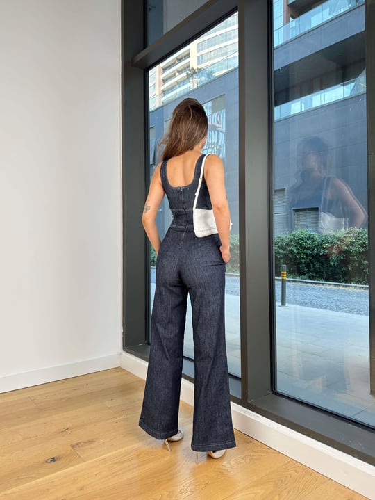 Kalın Askılı Bol Paça Belan Lacivert Kadın Tulum 25Y469
