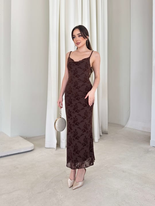 Desenli Askılı Degaje Yaka Candice Kahve Kadın Elbise 26Y151