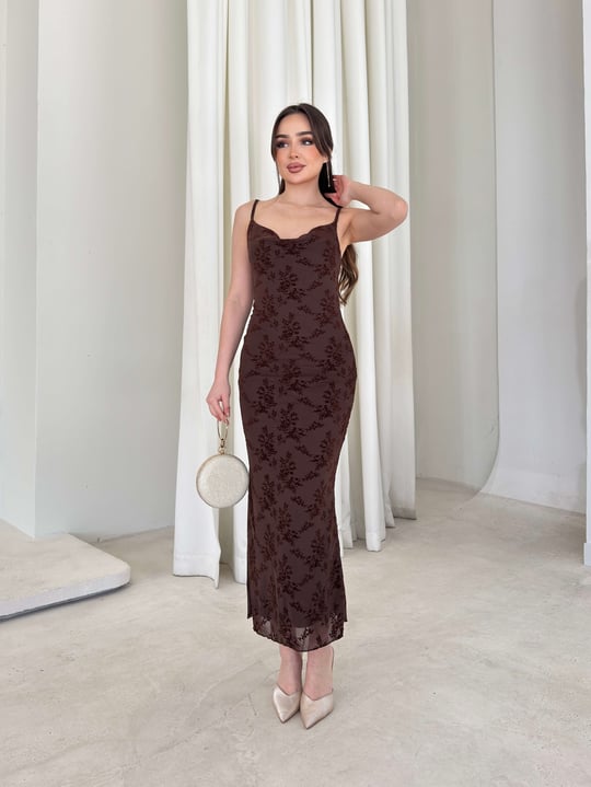 Desenli Askılı Degaje Yaka Candice Kahve Kadın Elbise 26Y151