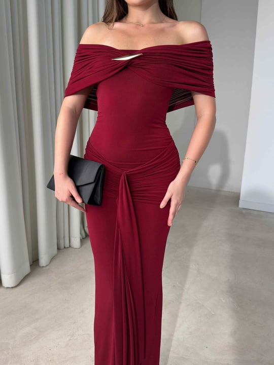 Madonna Yaka Aksesuarlı Maxi Boy Bordo Carina Kadın Elbise 26Y476