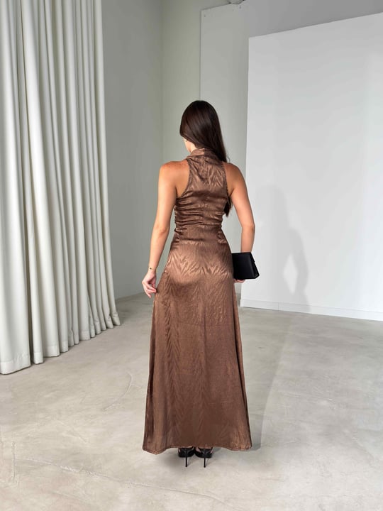 Önü Bağlamalı Yırtmaç Detaylı Maxi Boy Kahverengi Cassie Kadın Elbise 26Y482