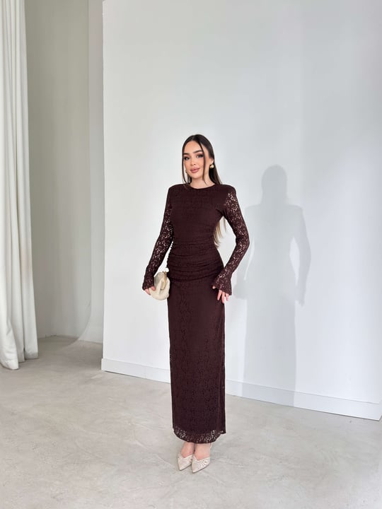 Vatkalı Dantelli Çan Kol Drape Detaylı Maxi Kahverengi Diana Kadın Elbise 26Y127