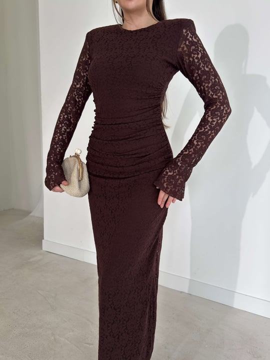 Vatkalı Dantelli Çan Kol Drape Detaylı Maxi Kahverengi Diana Kadın Elbise 26Y127