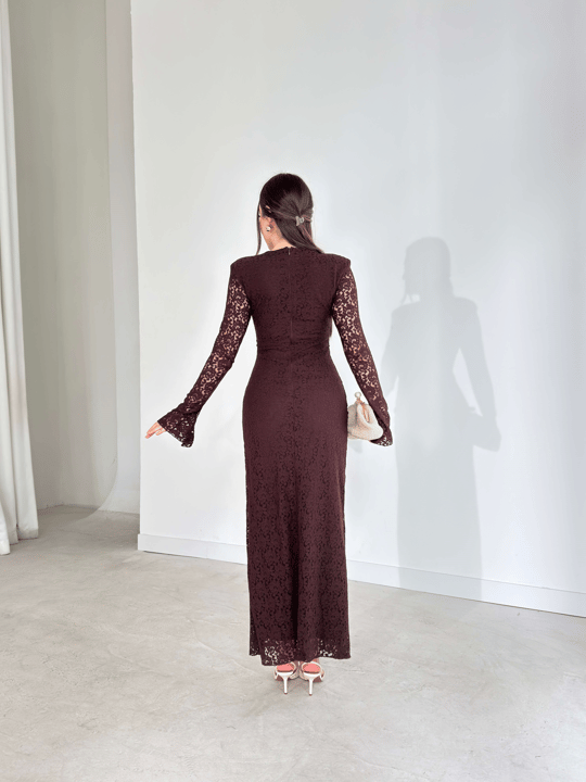 Vatkalı Dantelli Çan Kol Drape Detaylı Maxi Kahverengi Diana Kadın Elbise 26Y127
