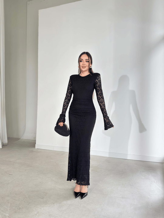 Vatkalı Dantelli Çan Kol Drape Detaylı Maxi Siyah Diana Kadın Elbise 26Y127