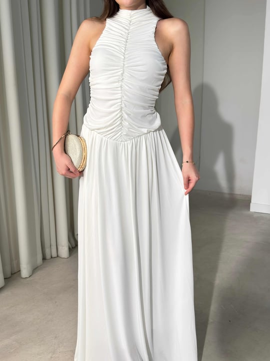 Drape Detaylı Boğazlı Maxi Boy Beyaz Elisha Kadın Elbise 26Y451