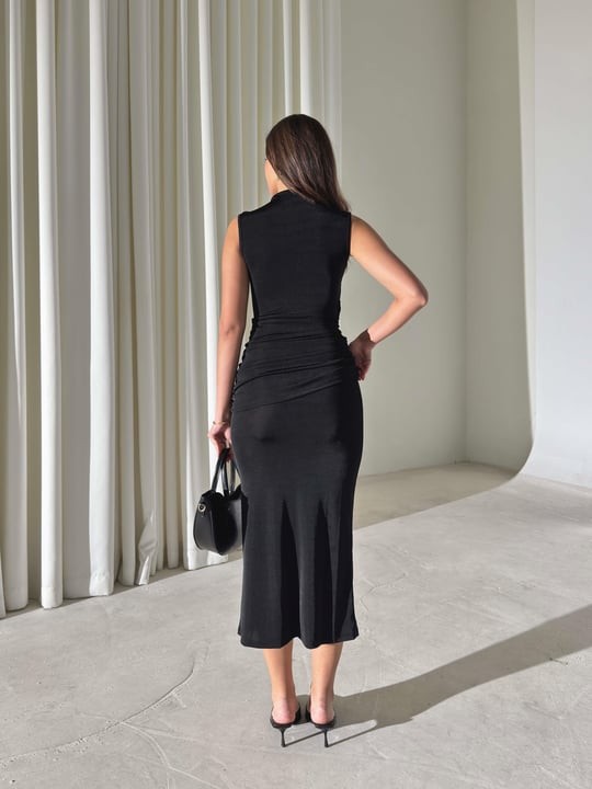 Drapeli Sıfır Kol Elnordi Siyah Kadın Elbise 26Y005